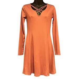 Mudd Dusty Coral Long Sleeve Caged Skater Dress Women’s Small